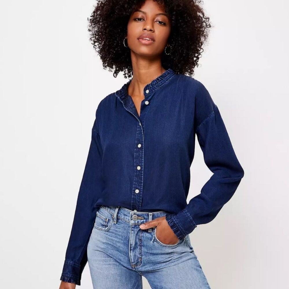 LOFT Chambray Ruffle Blouse L Night Sky Dark Denim Cottagecore Peasant Fall Top